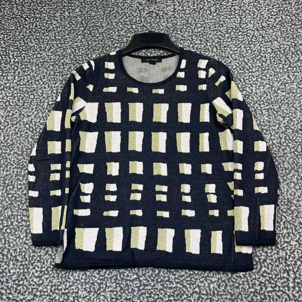 Ann Taylor Sweater Women Small Navy Blue Gold Metallic Merino Wool Blend S